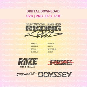 May include: Digital download graphic featuring text elements for a concert tour. The design includes the words "RIZE" and "ODYSSEY" in various fonts, along with tour locations. The color scheme is black and red on a gradient background.
