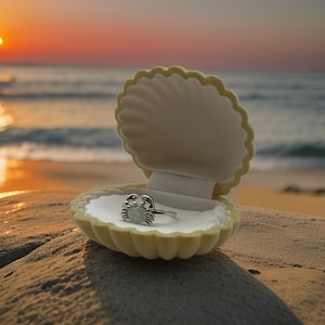 May include: A silver ring with a crab design and a light blue gemstone is displayed in a white seashell-shaped ring box on a sandy beach at sunset.