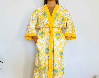 Bright yellow Hand-Dyed  Uzbek long Ikat jacket with Pockets