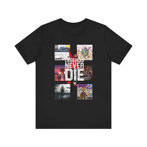 May include: Black t-shirt with a collage of album covers featuring the text "Legends Never Die". The album covers include "Goodbye & Good Riddance", "?", "The Scotts", "All My Friends Are Dead", and "Go 2 Sleep".