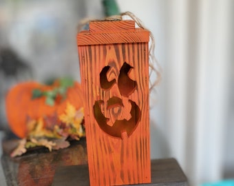 Handcrafted Wooden Jack-O-Lantern with Flickering LED Lights - Halloween Decor