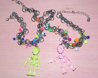 Pierced Skeleton Necklace | Alt Raver Jewelry | Colorful Piercings Choker Scene Accessories | Unique Y2K Y3K Statement Piece