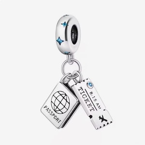Passport & airplane ticket charm, vacation travel trip charm, silver plated partial silver filled charm for bracelets, necklace pendant