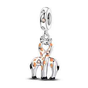 Cute cartoon giraffe charm, loving giraffe couple charm, silver plated partial silver filled enamel cz charm for bracelets, necklace pendant