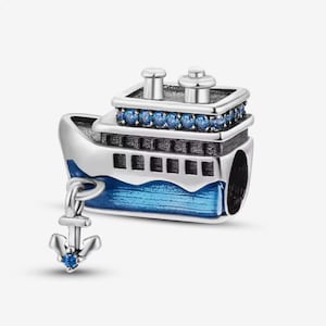 Cruise ship charm, sail ship / boat charm, silver plated partial silver filled enamel cz charm for bracelets, necklace pendant