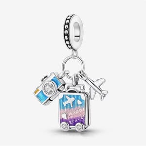 Travel luggage camera airplane charm, rainbow travel charm, silver plated partial silver filled enamel charm for bracelet, necklace pendan