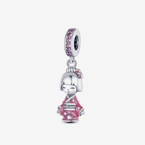Japanese doll charm, pink kimono dress girl charm, high quality silver plated enamel zircon charm for european bracelet, necklace pendant di