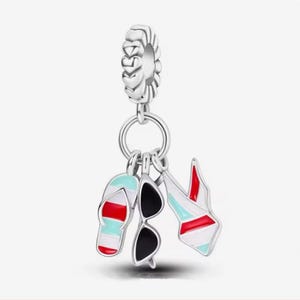 Tropical beach vacation charm, swim suit sandal & sunglasses charm, silver plated partial silver filled charm for bracelets, necklace pendan