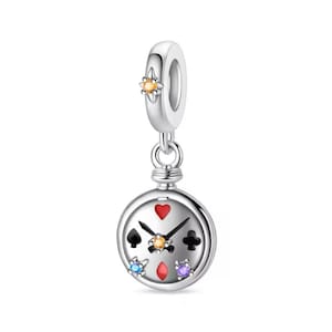 Charme montre horloge carte poker Alice au pays des merveilles, breloque cz de haute qualité en émail plaqué argent pour bracelets européens, collier pendentif bricolage
