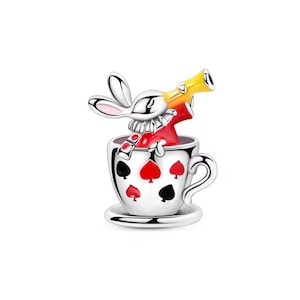 Breloque tasse à thé Alice au pays des merveilles lapin blanc et carte poker, breloque en émail plaqué argent de haute qualité pour bracelet européen, collier pendentif