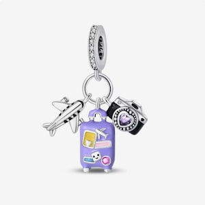 Sparkling rainbow luggage, camera & airplane charm, silver plated partial silver filled enamel gem charm for bracelets, necklace pendant