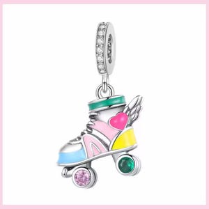Rainbow roll skate charm, rollerskate shoe with wing charm, high quality silver plated enamel charm for european bracelets, necklace pendant