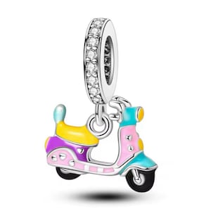 Rainbow motorcycle charm, electric bike scooter charm, silver plated partial silver filled enamel charm for bracelets, necklace pendant