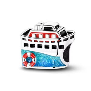 Cruise ship vacation charm, sail ship / boat charm, silver plated partial silver filled enamel charm for bracelets, necklace pendant