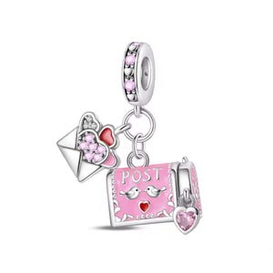 Dije de carta de amor con buzón rosa brillante y corazones retro, dije de circonita cúbica esmaltada plateada de alta calidad para pulseras europeas, colgante de collar