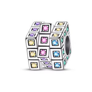 Sparkling rubik cube charm, rainbow rubik charm, silver plated partial silver filled cubic zirconia charm for bracelets, necklace pendant di