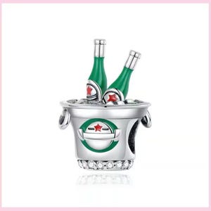 Ice chilled beer bucket charm, alcohol drink beer bottle charm, silver plated partial silver filled charm for bracelet, necklace pendant