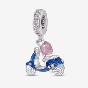 Scooter motorcycle charm, electric bike charm, silver plated partial silver filled glitter enamel charm for bracelets, necklace pendant