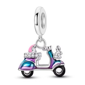 Rainbow motorcycle charm, electric bike scooter charm, silver plated partial silver filled enamel charm for bracelets, necklace pendant