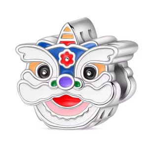 Lion dance charm, Chinese culture lion dance lion charm, silver plated partial silver filled enamel charm for bracelet, necklace pendant