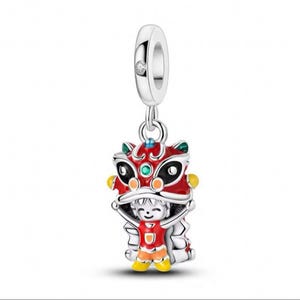 Lion dance charm, Chinese culture lion dance charm, silver plated partial silver filled enamel charm for bracelets, necklace pendant