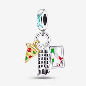Pingente para viagem de férias na Itália, pingente para pizza e mapa da Torre de Pisa da Itália, esmalte banhado a prata de alta qualidade para pulseiras europeias, pingente de colar