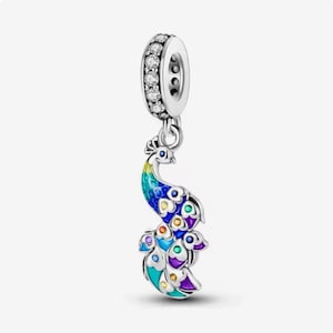 Regenbogen Pfau Charm, Zootier Pfau, hochwertiger versilberter Emaille Zirkon Charm für Armbänder, Kettenanhänger