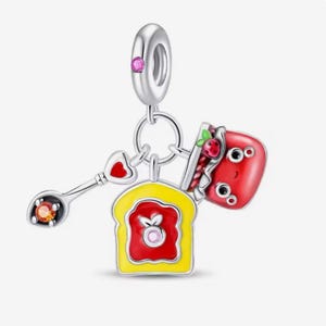 Cute cartoon strawberry jam charm, toast with jam charm, silver plated partial silver filled enamel gem charm for bracelet, necklace pendant