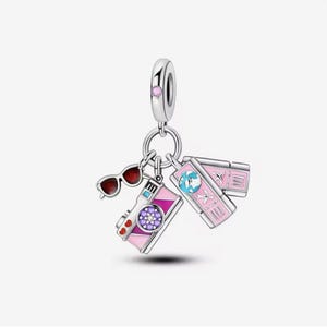 Travel airplane tickets, camera & sunglasses charm, silver plated partial silver filled enamel cz charm for bracelets, necklace pendant