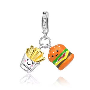 Zawieszka hamburger i frytki, zawieszka z rysunkowym jedzeniem, wysokiej jakości posrebrzana emaliowana cyrkonia do europejskich bransoletek, zawieszka do naszyjnika DIY