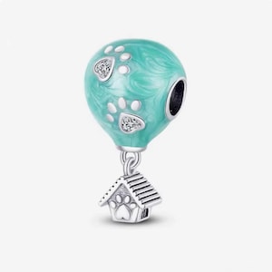 Dog house paw print hot air balloon charm, silver plated partial silver filled enamel zircon charm for bracelets, necklace pendant
