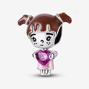 Little girl heart charm, pink dress ponytail girl charm, high quality silver plated enamel gem charm for european bracelet, necklace pendant