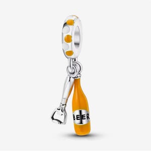 Beer and opener charm, beer bottle & opener charm, silver plated partial silver filled enamel charm for bracelets, necklace pendant