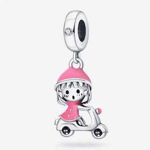 Cute girl riding scooter charm, electric bike charm, silver plated partial silver filled enamel charm for bracelets, necklace pendant