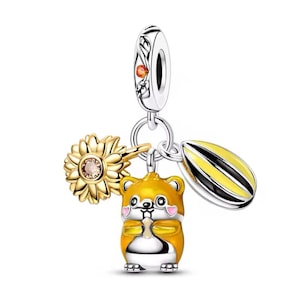Cute cartoon pet hamster eating sunflower seeds charm, high quality silver plated enamel cz charm for european bracelets, necklace pendant
