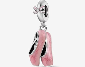 Pink ballet shoes charm, ballet dance charm, silver plated partial silver filled enamel charm for bracelets, necklace pendant