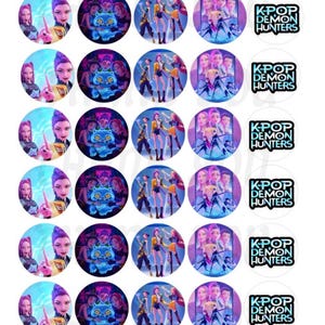May include: A sheet of circular stickers featuring various K-Pop themed designs. The stickers showcase images of anime-style characters, groups of people in stylish outfits, and a blue cat-like creature. The text "K-POP DEMON HUNTERS" is also present.