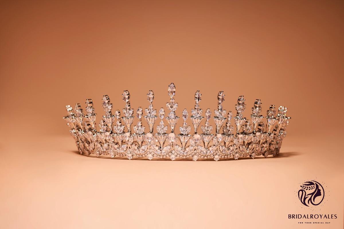 Queen Mary Silver Bridal Crown: Zircon Wedding Tiara, Regal Headpiece