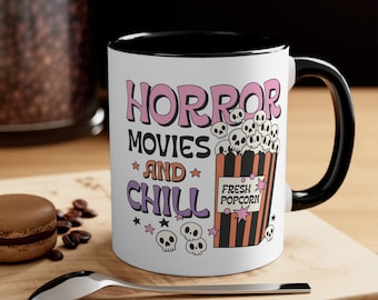 Horror Movies & Chill Halloween Mug, Halloween Gift, Halloween Mug, Retro Halloween Mug, Cute Ghost Halloween Cup, Halloween Coffee Cup