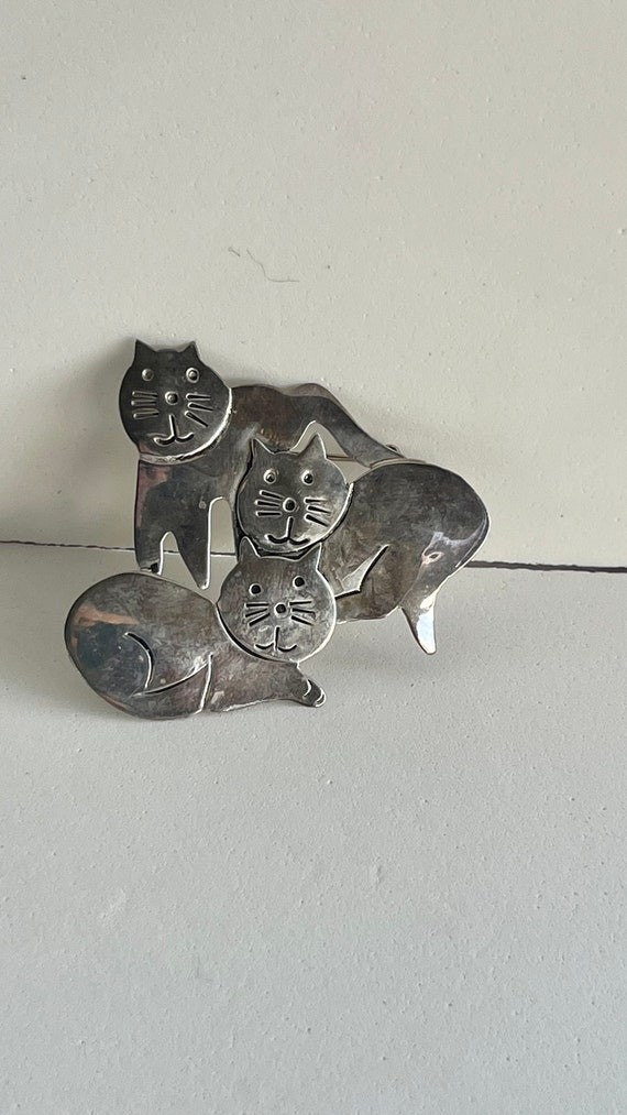 Vintage Cat Trio Brooch 925 Sterling Silver Vintag