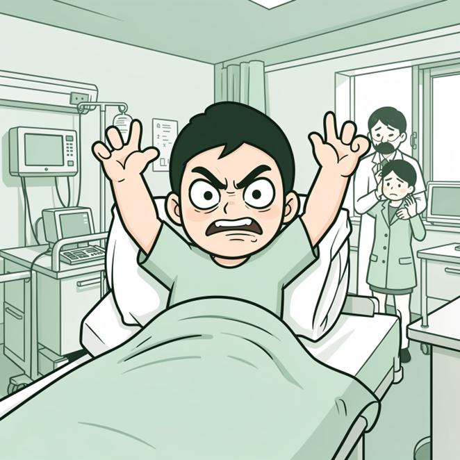 May include: Cartoon illustration of a person in a hospital bed with an angry expression, arms raised. A doctor and another person stand in the background. The scene is rendered in shades of green and white.