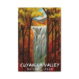 Cartaz do Parque Nacional do Vale de Cuyahoga – Impressão artística de paisagem de cachoeira de outono – Decoração de parede vintage da natureza de Ohio – Presente de caminhada de outono
