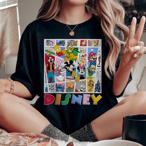 Kleurrijk collageshirt met Disney-personages | Retro cartoon mashup-T-shirt | Mickey Minnie Goofy Stitch grafisch T-shirt DS47