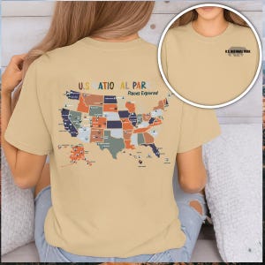 Camiseta "Lugares explorados de los Parques Nacionales de EE. UU.": Camiseta con mapa de viaje colorido para senderistas, lista de verificación de parques, regalo de aventura y naturaleza U243