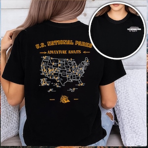 Chemise carte des parcs nationaux des États-Unis - L'aventure vous attend, t-shirt boussole noir vintage, chemise nature noire, cadeau d'explorateur en plein air pour les voyageurs U247