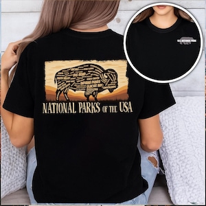Overhemd Amerikaanse bizons nationale parken – vintage marineblauw natuur-T-shirt, afbeelding Wild Buffalo Park-namen, cadeau voor wandelaars en buitenliefhebbers U246