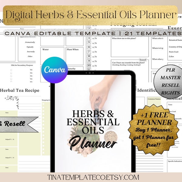 PLR Digital Herbs & Essential Oils Planner Master Resell Rights - Printable Editable Canva Templates MRR - Essential Oil Blends - Herbs