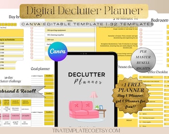 PLR Digital Declutter Planner Master Resell Rights - Daily Weekly Monthly Decluttering Checklist - House Cleaning Checklist - Canva Planner