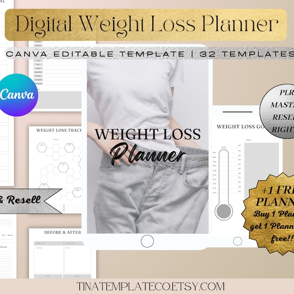 PLR Digital Weight Loss Planner Master Resell Rights -Printable Editable Canva Templates MRR - Weight Loss Journal - Meal Planner - Diet Log