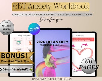 PLR Digital CBT Anxiety Workbook Master Resell Rights - DFY Digital Journal Editable Canva Templates - Reseller eBook Anxiety Journal